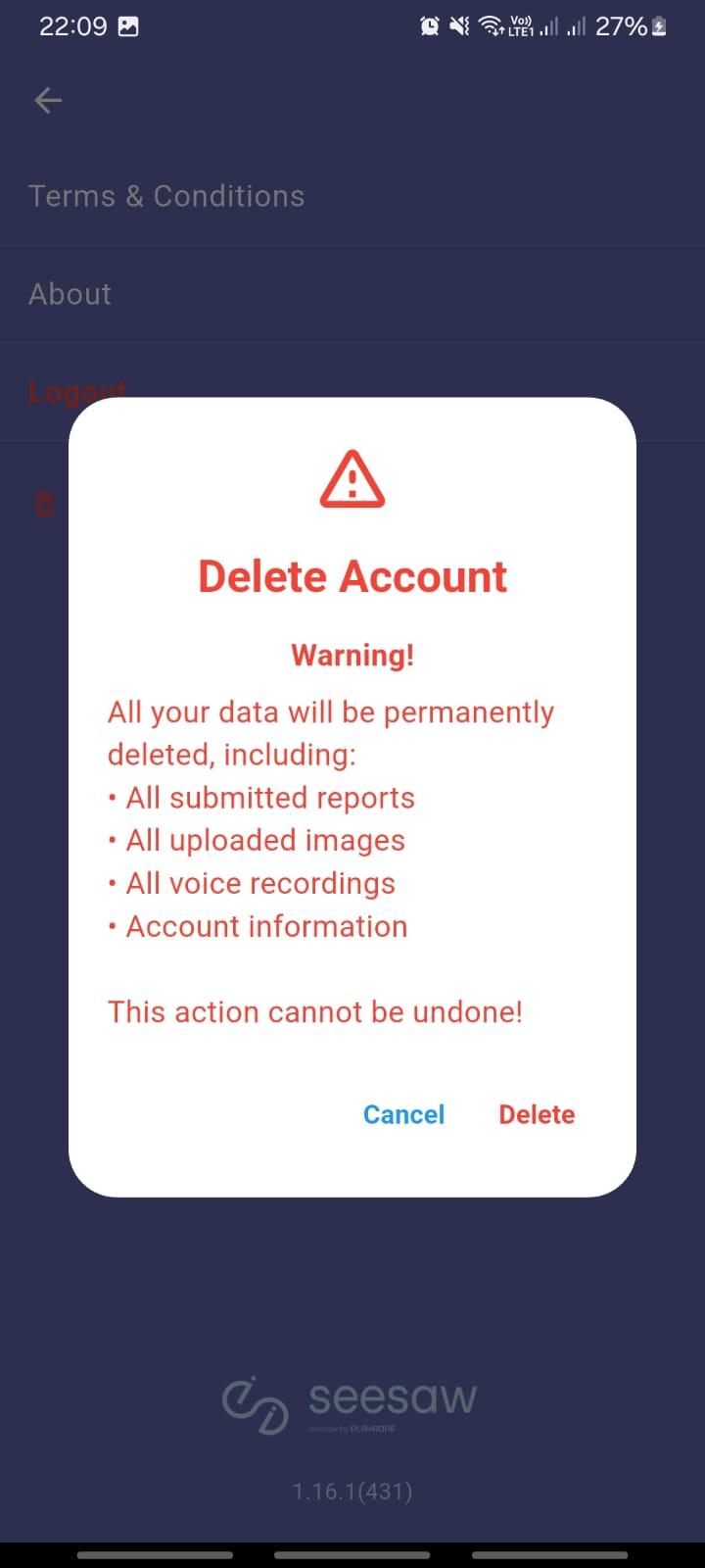 Delete Account Confirmation Dialog